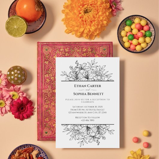 Élégant Faire-part de mariage floral noir et blanc