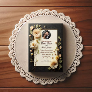 Élégant Faire-part de mariage floral noir et crème