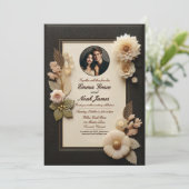 Élégant Faire-part de mariage floral noir et or (Debout devant)
