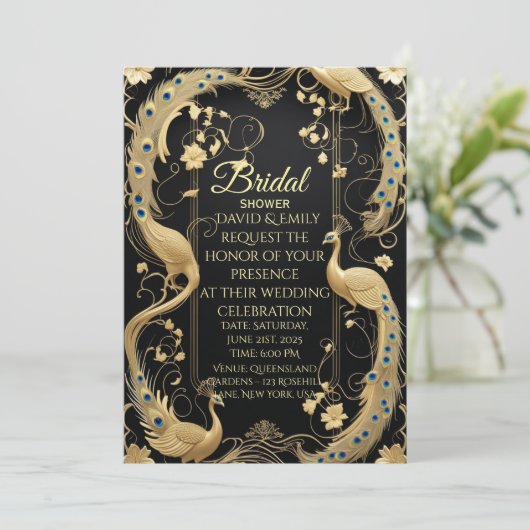 Élégant Faire-part de mariage floral noir et or (Debout devant)