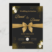 Élégant Faire-part de mariage Floral Noir & Or (Devant / Derrière)