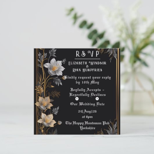 Elégant Faire-part de mariage Floral Or & Argent (Debout devant)