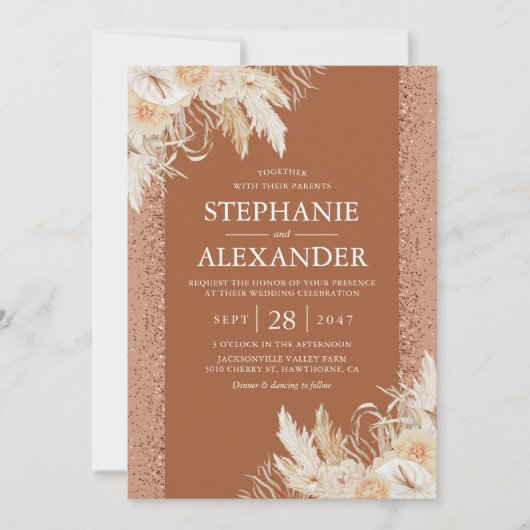 Élégant Faire-part de mariage Floral Pampas Grass (Devant)