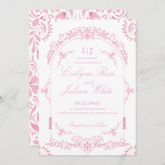 Élégant Faire-part de mariage Floral Rose (Devant / Derrière)