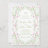 Élégant Faire-part de mariage floral rose et vert (Devant)
