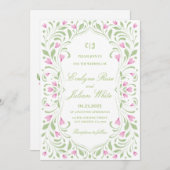 Élégant Faire-part de mariage floral rose et vert (Devant / Derrière)