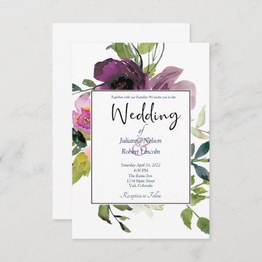 Élégant faire-part de mariage floral rose et viole (Devant / Derrière)