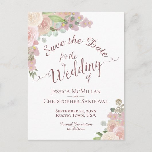 Élégant Faire-part de mariage floral rose pâle à c (Devant)