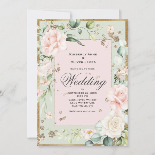 Élégant Faire-part de mariage floral rose vert (Devant)