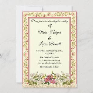 Élégant Faire-part de mariage Floral Rouge & Or