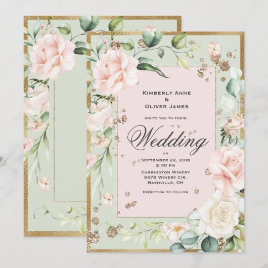 Élégant Faire-part de mariage floral vert (Devant / Derrière)