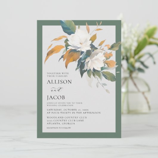 Élégant Faire-part de mariage Floral Vert Sage Bla (Debout devant)