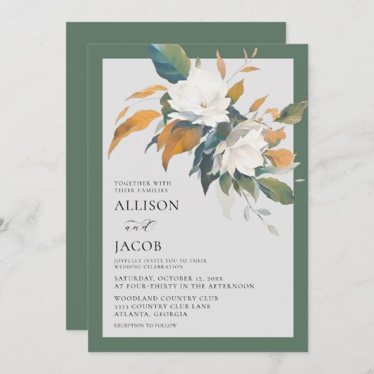 Élégant Faire-part de mariage Floral Vert Sage Bla (Devant / Derrière)