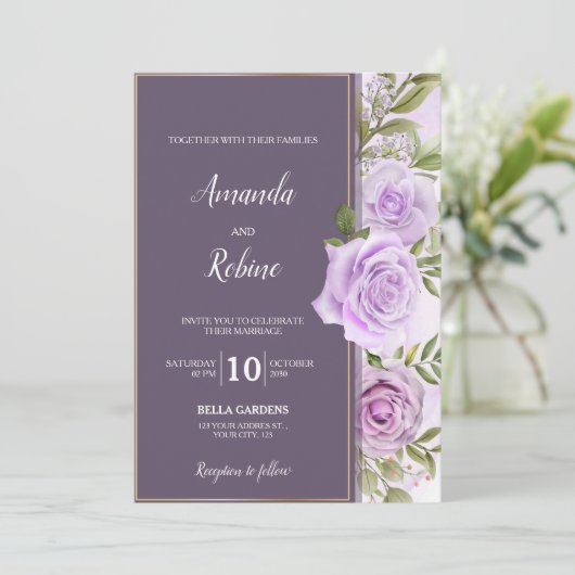 Élégant Faire-part de mariage floral violet foncé (Debout devant)