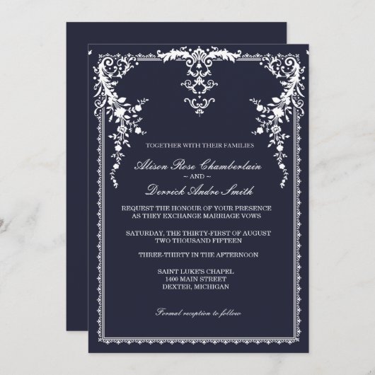 Élégant faire-part de mariage formel, bleu marine (Devant / Derrière)