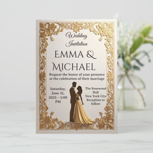 Elégant Faire-part de mariage Gold Frame (Debout devant)