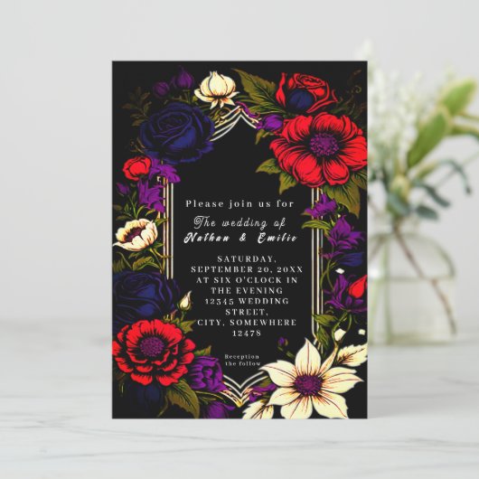 Élégant faire-part de mariage gothique noir et rou (Debout devant)