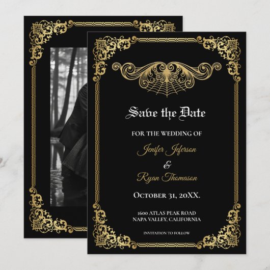 Élégant faire-part de mariage gothique or 'save th (Devant / Derrière)