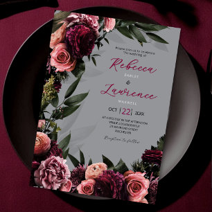 élégant faire-part de mariage gris-clair fleuri