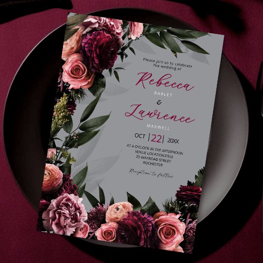 élégant faire-part de mariage gris-clair fleuri