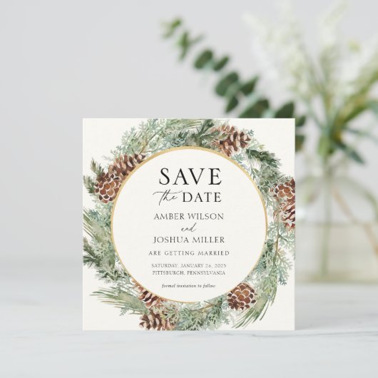 Élégant Faire-part de mariage hivernal à feuilles (Debout devant)