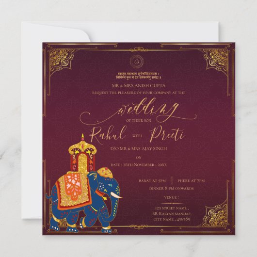 Élégant Faire-part de mariage indien Bright Red Go (Dos)