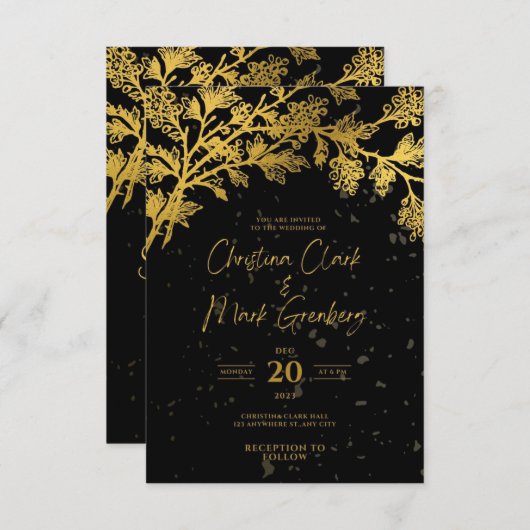 Élégant Faire-part de mariage moderne noir or (Devant / Derrière)