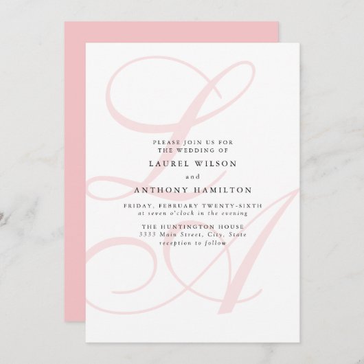 Élégant Faire-part de mariage Monogramme rose (Devant / Derrière)