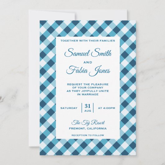 Élégant Faire-part de mariage Motif bleu En vichy (Devant)
