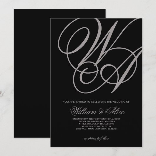 élégant faire-part de mariage noir (Devant / Derrière)