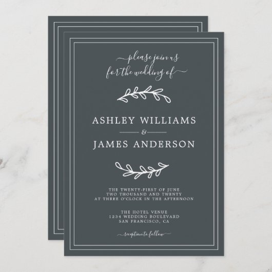 Élégant Faire-part de mariage noir blanc (Devant / Derrière)