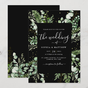 Élégant Faire-part de mariage noir et eucalyptus