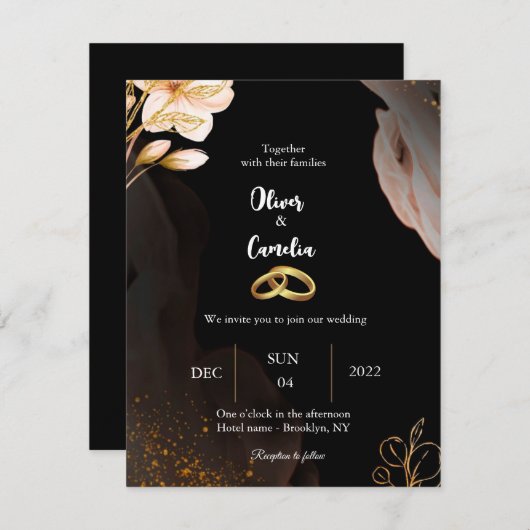 Élégant faire-part de mariage noir et or (Devant / Derrière)