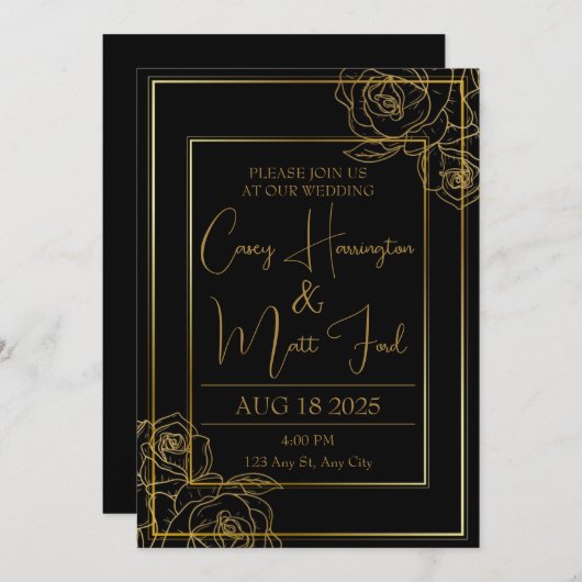 Élégant Faire-part de mariage noir & or (Devant / Derrière)