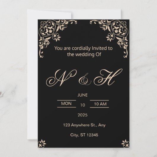 Élégant faire-part de mariage noir & or (Devant)