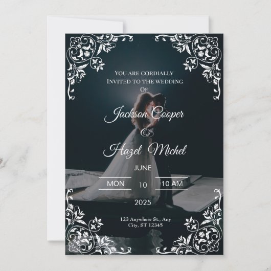 Élégant faire-part de mariage noir & or (Devant)