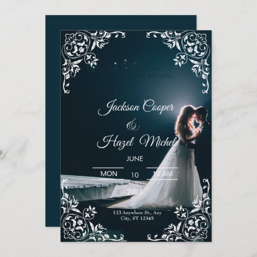 Élégant faire-part de mariage noir & or (Devant / Derrière)