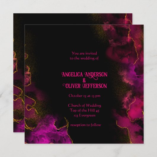 Élégant Faire-part de mariage noir (texte rose) (Devant / Derrière)