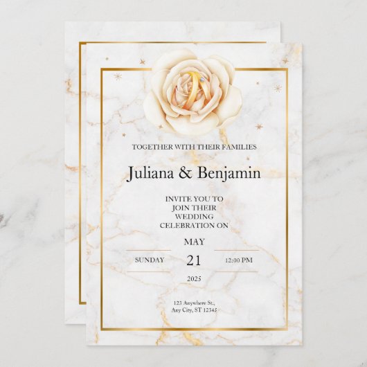 Elégant Faire-part de mariage or avec Accent Flora (Devant / Derrière)