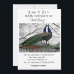 Élégant Faire-part de mariage Peacock<br><div class="desc">Capturez l'essence de l'élégance et de la beauté naturelle grâce à cette faire-part de mariage étonnante avec une paire de paons majestueux perchés gracieusement sur un toit. Le plumage vibrant et les motifs de plumes complexes créent un spectacle à couper le souffle. L'arrière - plan présente des branches d'arbres nues...</div>