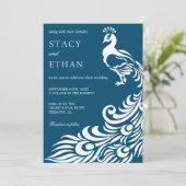 Elégant Faire-part de mariage Peacock Bleu et Blan (Debout devant)