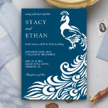 Elégant Faire-part de mariage Peacock Bleu et Blan<br><div class="desc">Éblouissez vos invités avec cette élégante invitation de mariage mettant en vedette un beau paon avec une typographie moderne contre un arrière - plan bleu. Ajoutez simplement les détails de votre événement sur ce modèle facile à utiliser pour en faire une invitation unique.</div>