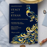 Elégant Faire-part de mariage Peacock Bleu et Or<br><div class="desc">Éblouissez vos invités avec cette élégante invitation de mariage avec un beau paon et une typographie moderne contre un arrière - plan bleu foncé. Ajoutez simplement les détails de votre événement sur ce modèle facile à utiliser pour en faire une invitation unique.</div>