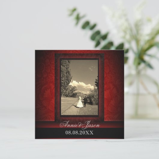 Elégant Faire-part de mariage photo bordeaux damas (Debout devant)