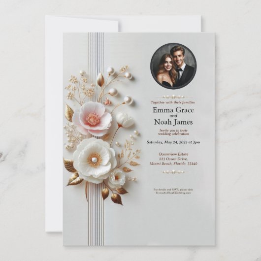 Élégant Faire-part de mariage photo florale blanch (Devant)