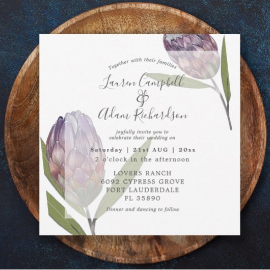 Élégant Faire-part de mariage pourpre de Protea Fl