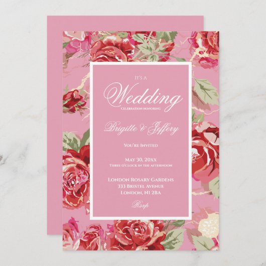 Élégant faire-part de mariage rose (Devant / Derrière)