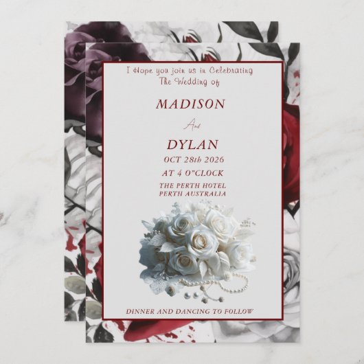 Élégant Faire-part de mariage Rose avec Roses Blan (Devant / Derrière)