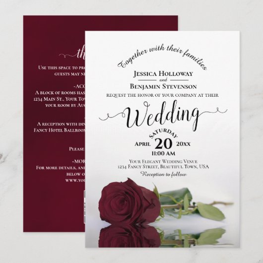 Élégant faire-part de mariage Rose Bourgogne Code (Devant / Derrière)