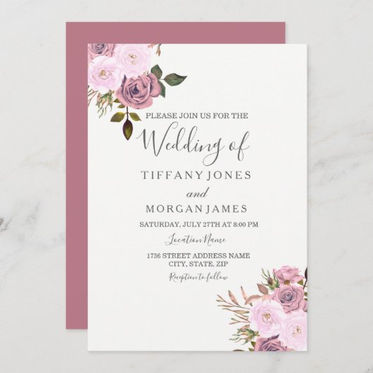 Élégant Faire-part de mariage rose et or Rose (Devant / Derrière)